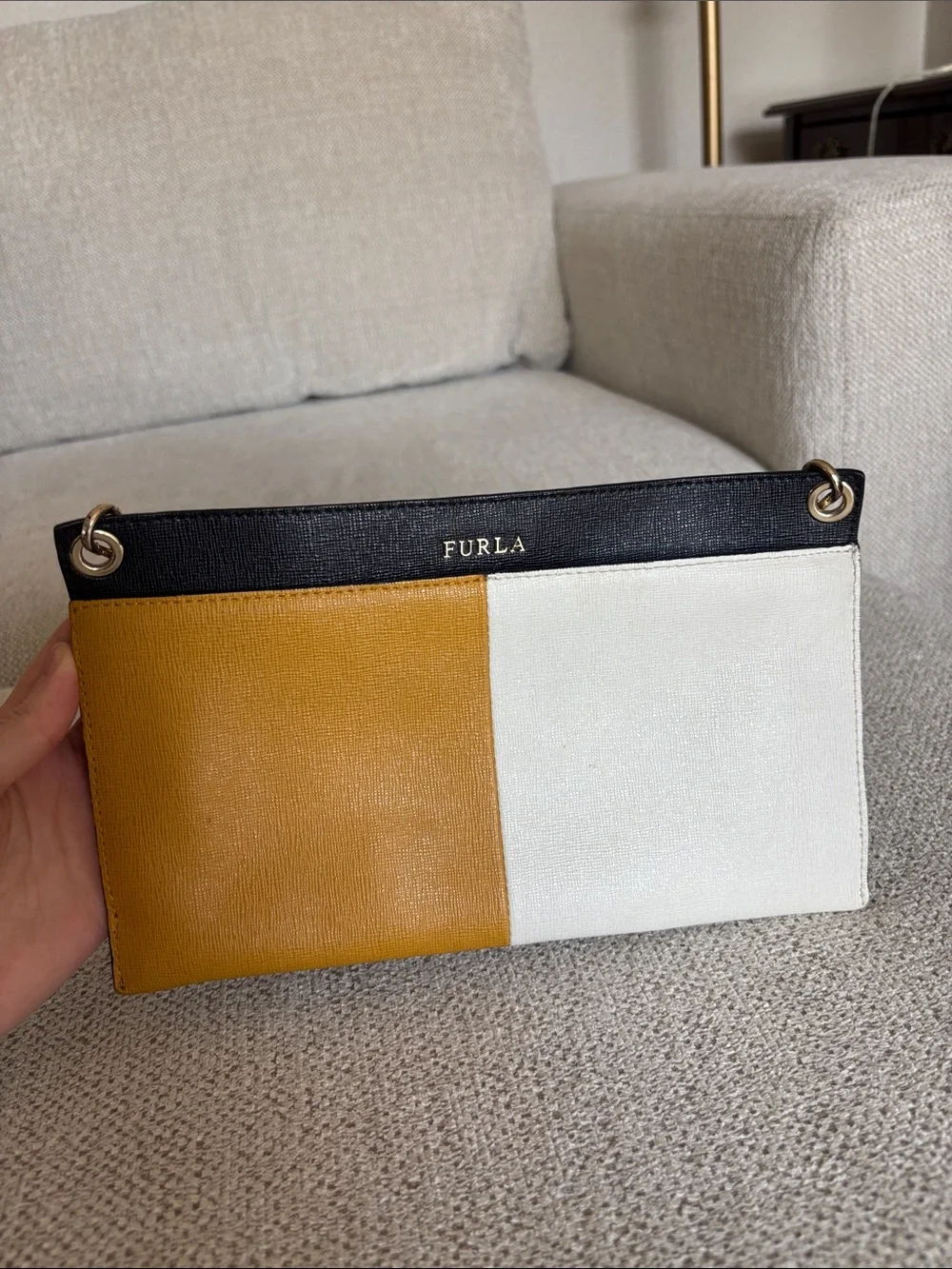 Furla Two-Tone Mustard, Black, and White Leather Shoulder Bag